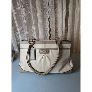 Vintage Coach gray and white leather top handle tote and tag 2012 clean S1